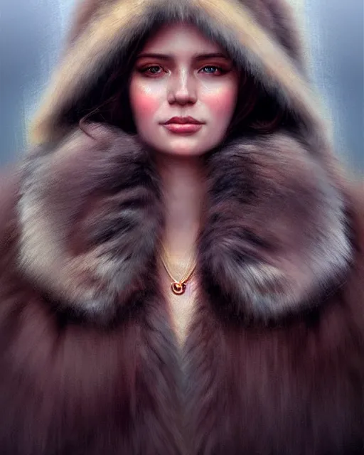 Image similar to a beautiful siberian girl with bear fur coat and decollete | | realistic shaded, unpleasant face, bad looking, fine details, realistic shaded lighting poster by greg rutkowski, magali villeneuve, artgerm, jeremy lipkin and michael garmash and rob rey