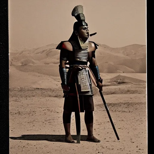 Prompt: egyptian samurai with katana, standing in desert