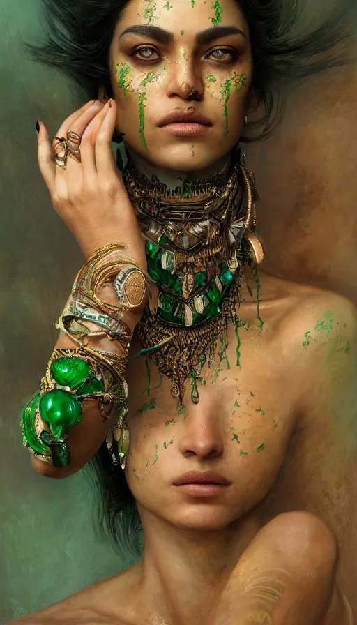 Prompt: epic masterpiece portrait of a beauty, tribal makeup and jewelry, sweaty skin, hyperrealistic, octane render, cinematic, beautiful face and flawless skin, perfect hands, emeralds by Edgar Maxence and Ross Tran and Michael Whelan, Legends of Runeterra