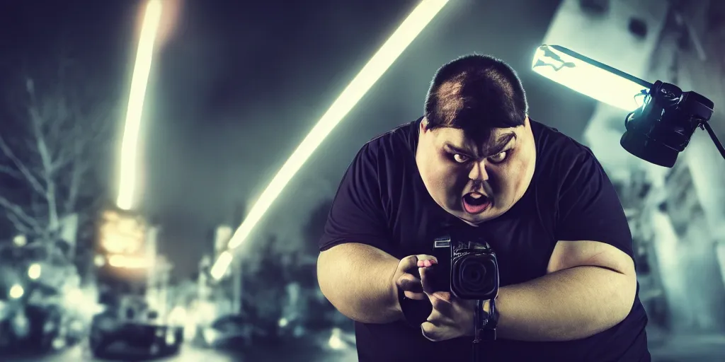 Prompt: angry fat videographer man, laser eyes, close up, cinematic light, dark vibrant colors, dark room, detailed, photo, 8K