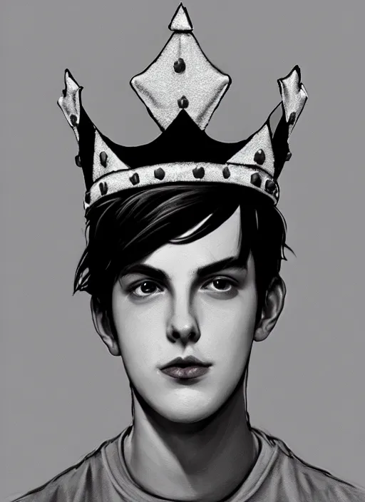 Image similar to portrait of teenage jughead jones wearing a light grey crown, photorealistic, crown made of fabric, grey crown with pin badges, crown with pins, black hair, intricate, elegant, highly detailed, digital painting, glowing lights, artstation, concept art, smooth, sharp focus, illustration, art by wlop, mars ravelo and greg rutkowski