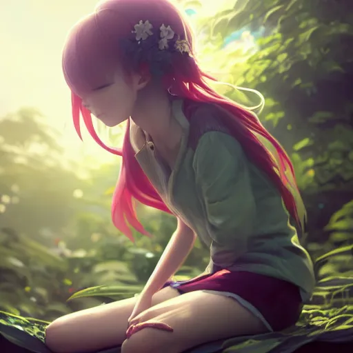 Prompt: very very small little girl by ross tran, sitting on a gigantic green leaf by sana takeda, rtx reflections, octane 1 2 8 k, extreme high intricate details, digital anime art by wlop, medium shot, close up shot, composition by ilya kuvshinov, lighting by greg rutkowski