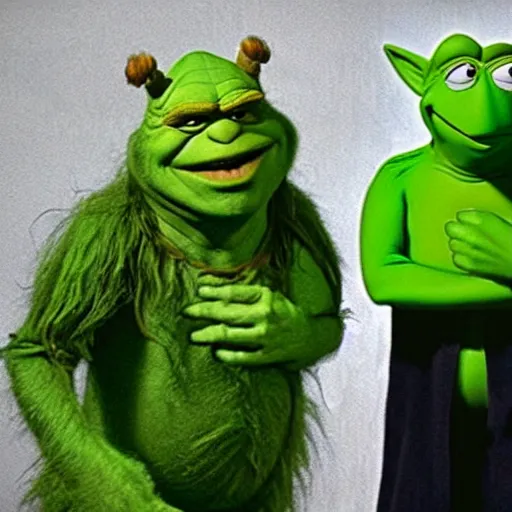 Image similar to Kermit hulk the grinch shrek and yoda combination