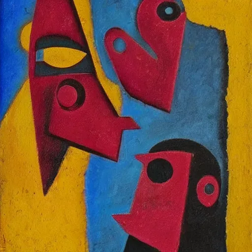 Image similar to Oil painting by Rufino Tamayo. Mechanical gods with bird faces kissing. Oil painting by Willem de Kooning.