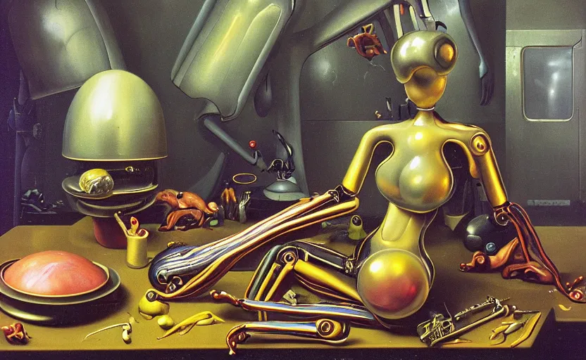 Image similar to strange seductive futuristic robot body, enticing colorful oil painting dutch golden age vanitas still life sparse composition with bulbous objects strange gooey transparent surfaces shiny metal reflections bizarre mutant meat insects rachel ruysch dali todd schorr very detailed perfect composition rule of thirds masterpiece canon 5 0 mm, cinematic lighting, photography, retro, film, kodachrome