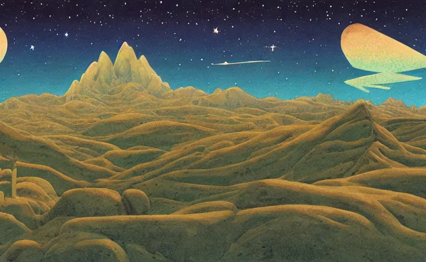 Prompt: mountains, stars and paisley filled sky, artstation, intricate, highly detailed, digital painting, concept art, sharp focus, illustration by Roger Dean and Piero della Francesca