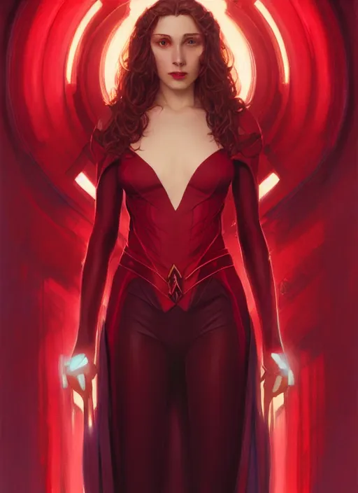 Image similar to Scarlet Witch, full body portrait,slight smile, highly detailed, digital painting, artstation, concept art, sharp focus, illustration, art by wlop and J. C. Leyendecker and Edmund Bliar Leighton and Charlie Bowater