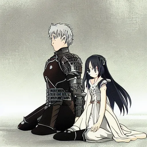 Prompt: detailed art of knight kneeling before a beautiful princess, anime ufotable