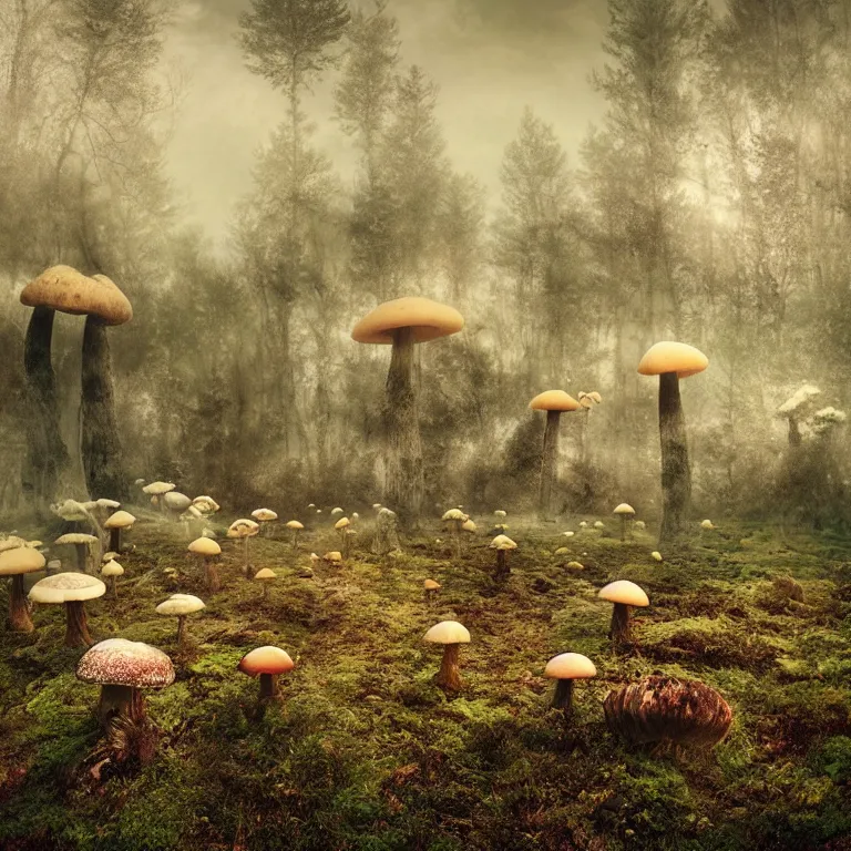 Image similar to a planet of various fungus, mushrooms and plants, inside the picture is infinity, Atmospheric phenomenon, artistic photography, muted colors, conceptual, long exposure outside the city, volumetric light