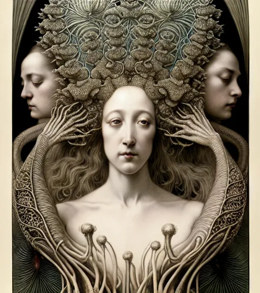 Image similar to beautiful young orchid queen detailed realistic porcelain face portrait by jean delville, gustave dore, iris van herpen and marco mazzoni, art forms of nature by ernst haeckel, art nouveau, symbolist, visionary, gothic, neo - gothic, pre - raphaelite, fractal lace, intricate alien botanical biodiversity, surreality, hyperdetailed ultrasharp octane render