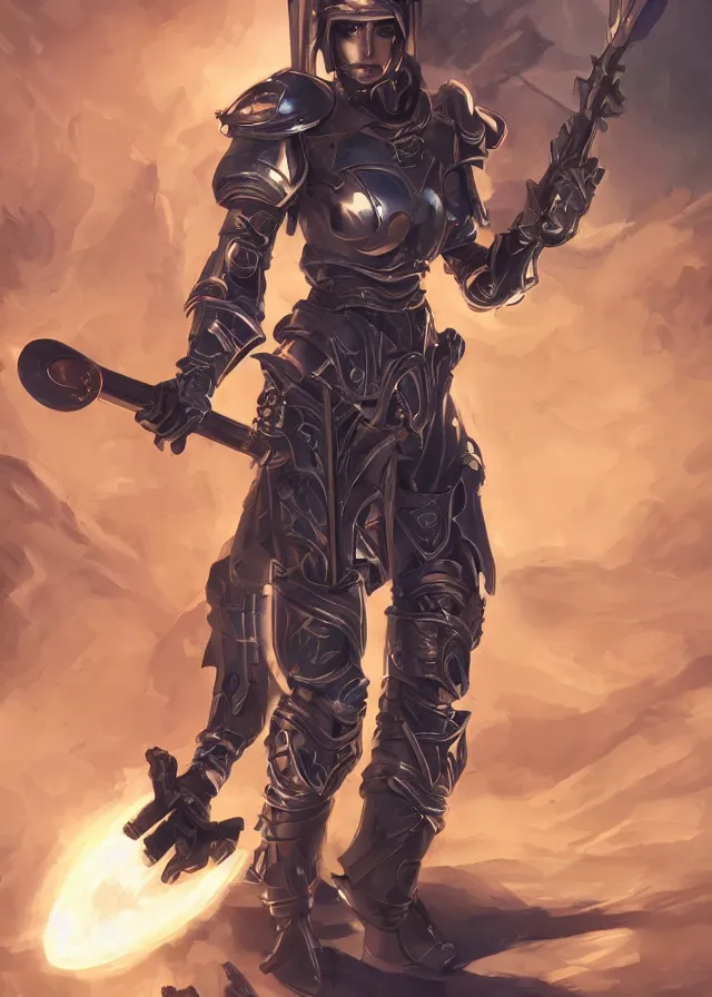 Prompt: character design of a female warhammer-wielding space knight, intricately detailed, medieval, cassette-futurism, anime style, dramatic lighting, digital concept art, sharp focus