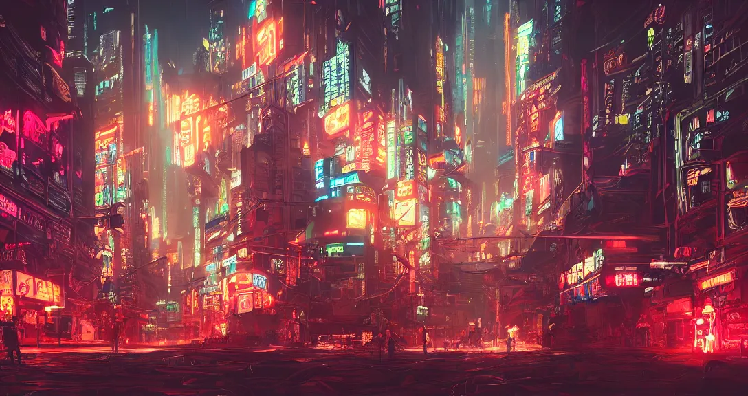 Prompt: cyberpunk city, neon signs, robot samurai fighting cyborg cowboys, dark, apocalyptic, intricate, detailed, volumetric lighting, scenery, digital painting, highly detailed, artstation, sharp focus, illustration, concept art