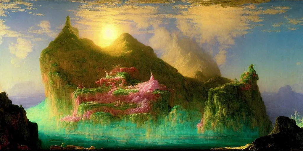 Prompt: a fantasy landscape of a floating island in the sky by whistler, thomas cole, and lisa frank