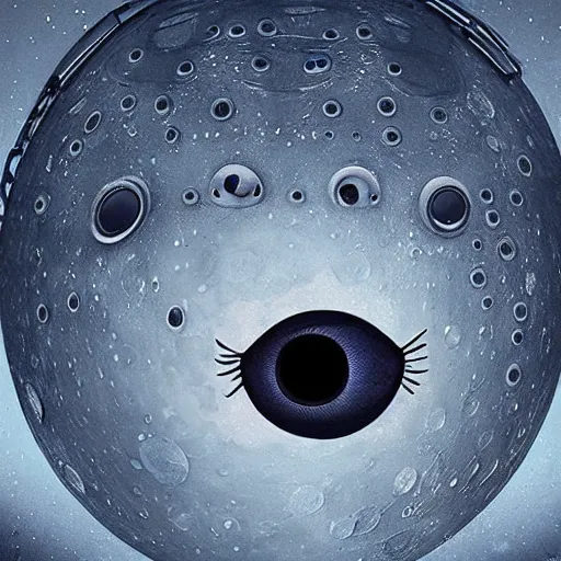 Image similar to detailed masterpiece ofthe moon with cartoon eyes and mouth on it, old photo, detailed, sci - fi, technology, digital art, art station, beeple