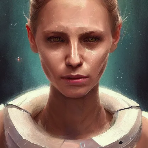 Image similar to portrait of a woman by greg rutkowski, she is about 3 0 years old, slavic, pretty, blond hair with two strans around her face, crying, helplessness and denial, she is wearing a futuristic space gear, highly detailed portrait, digital painting, artstation, concept art, smooth, sharp foccus ilustration, artstation hq.