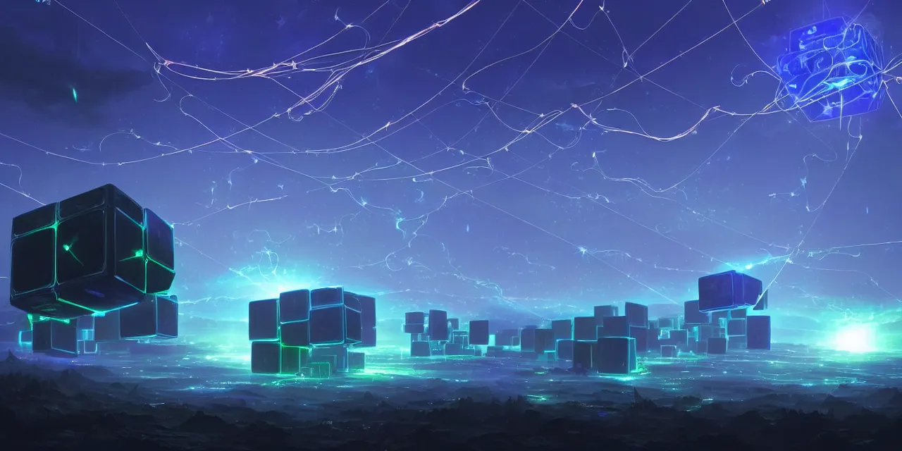 Prompt: a fleet of giant glowing futuristic cubes tied to each other with lots of glowing wires in the sky, thick glowing wires, light rays bouncing between cubes, a fantasy magical landscape seen in the distance, atmospheric lighting, intricate, volumetric lighting, beautiful, sharp focus, ultra detailed, in the art style of marc simonetti, bowater charlie and brom gerald, astrophotography