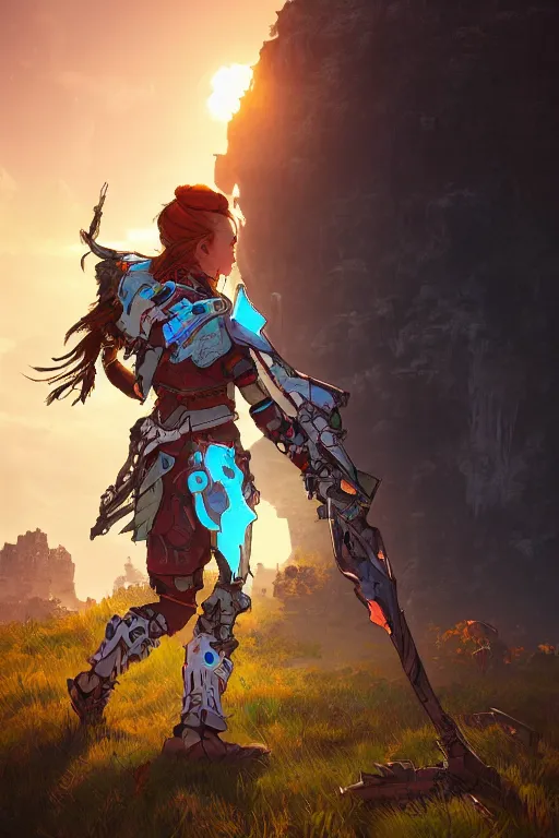 Image similar to combination suit armor aloy horizon forbidden west horizon zero dawn radiating a glowing aura global illumination ray tracing hdr fanart arstation by ian pesty and alena aenami artworks in 4 k tribal robot ninja mask helmet backpack