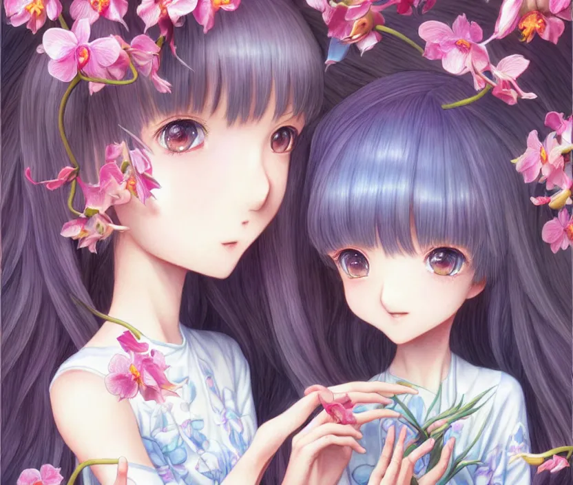 Prompt: a very cute richly detailed colored pencil 3D illustration of a mentally happy christian girl who resigned to her fate of being turned crazy by a psychic orchid flower demon. alluringly romanticistic art by Range Murata and Artgerm.