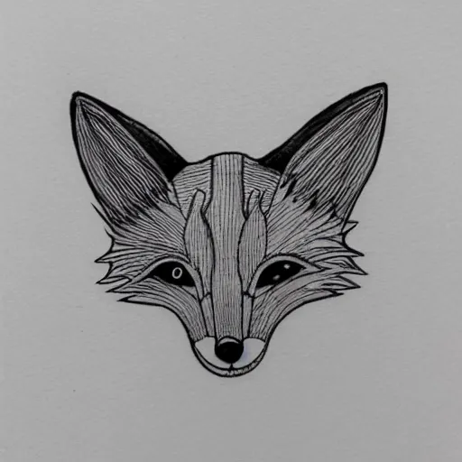 Image similar to a cute fox in the style of the Voynich manuscript outline tattoo design, black ink on white paper