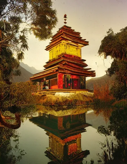 Prompt: vintage color photo of light floating over a temple in the jungle in Cordillera De Los Andes, 8k definition