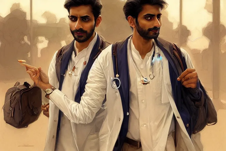 Image similar to Anxious good looking pale young Indian doctors wearing American clothes at the airport, portrait, elegant, intricate, digital painting, artstation, concept art, smooth, sharp focus, illustration, art by artgerm and greg rutkowski and alphonse mucha