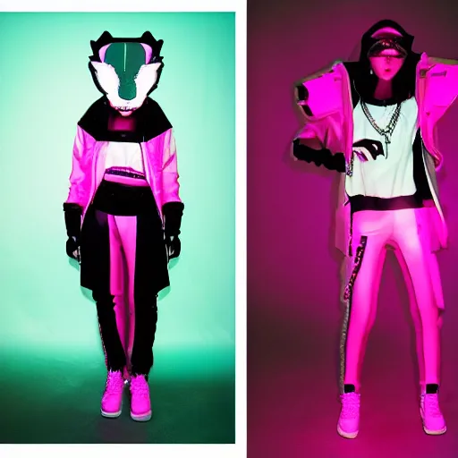 Prompt: cyberpunk streetwear anthropomorphic badger, health goth, sleek futuristic style, 2070s, fashion magazine photography, 35mm film, turquoise and pink lighting, dynamic pose