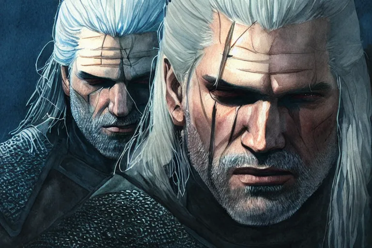 Prompt: a watercolour of Geralt from The Witcher by Josepth zbukvic