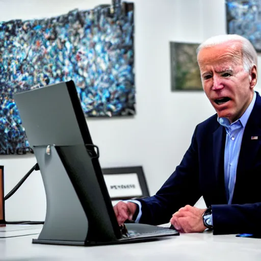 Image similar to Joe Biden yelling at AI art on his computer.