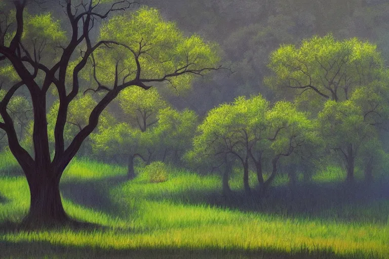 Image similar to masterpiece painting of oak trees on a hillside overlooking a creek, dramatic lighting, by april gornik
