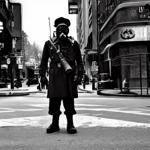 Prompt: a trenchcoat soldier wearing a gasmask and officer hat, standing on street corner, gritty, noir s-150