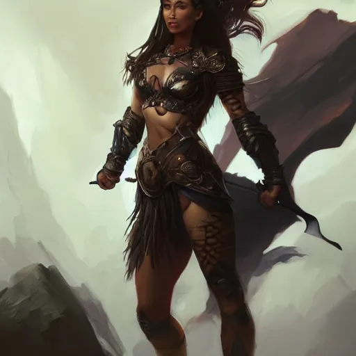 Image similar to full body portrait of a beautiful female warrior by Stanley Artgerm Lau, WLOP, Rossdraws, Frank Frazetta, Andrei Riabovitchev, Marc Simonetti, trending on artstation.