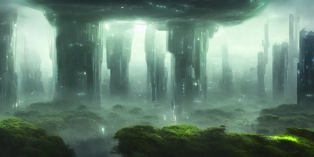 Image similar to a futuristic city scape of vertical organic farms, growing, mossy cellular structures, epic landscape, endless towering science fiction towers, raining, misty, in the style of john harris