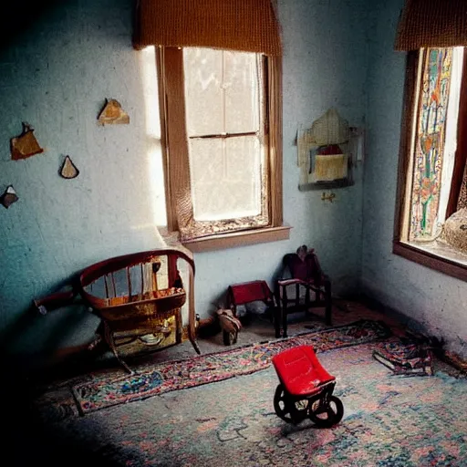 Prompt: A darkened kitsch-filled dusty parlor brightened and warmed by the morning sun, a small tattered Persian rug is on the floor, a little child\'s tricycle is parked in the corner of the room, cinematic, vignette, ultrarealistic, photograph