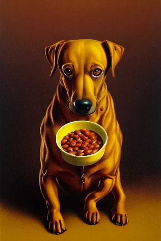 Prompt: painting of a very cute dog fused with british baked beans, dog is made of baked beans, baked bean skin texture, by zdzislaw beksinski, by dariusz zawadzki, by wayne barlowe, gothic, surrealism, cosmic horror, lovecraftian, cold hue's, warm tone gradient background, concept art, beautiful composition