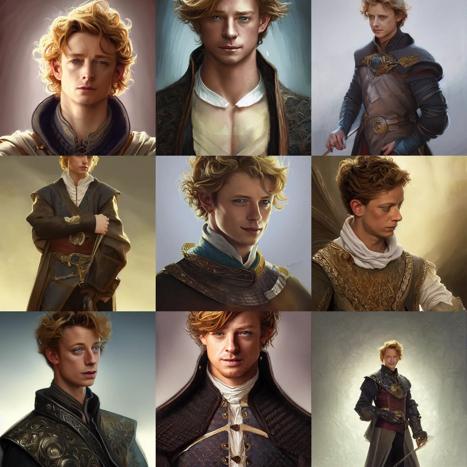 Prompt: a handsome young man wearing a doublet, cunning expression, blonde, young simon baker, D&D, fantasy, portrait, highly detailed, digital painting, artstation, concept art, sharp focus, illustration, art by artgerm and greg rutkowski and alphonse mucha