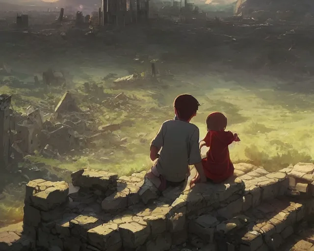 Image similar to a boy and a girl sitting on a hill overlooking the apocalyptic ruins of a city, rubble, ruins, post-apocalyptic, gloomy, end of the world, dust. By Makoto Shinkai, Stanley Artgerm Lau, WLOP, Rossdraws, James Jean, Andrei Riabovitchev, Marc Simonetti, krenz cushart, Sakimichan, D&D trending on ArtStation, digital art.