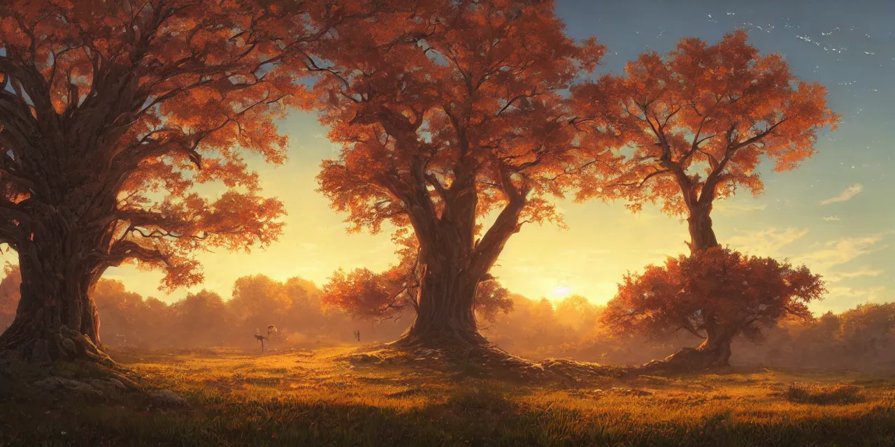 Image similar to a beautiful, stunning landscape with a giant oak tree in the fall sunset by makoto shinkai syd meade simon stalenhag environment