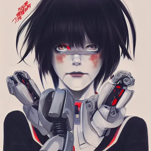 Image similar to A cyborg girl with big and cute red eyes, fine-face, realistic shaded perfect face, fine details. red, black and white robotic parts. Very very anime. Realistic shaded lighting poster by Ilya Kuvshinov katsuhiro otomo ghost-in-the-shell, magali villeneuve, artgerm, Jeremy Lipkin and Michael Garmash, Rob Rey and Kentarõ Miura style, trending on art station