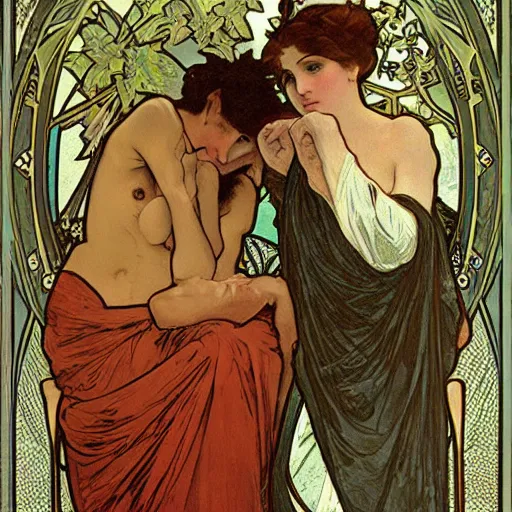 Image similar to narcissus and echo, painted by alphonse mucha