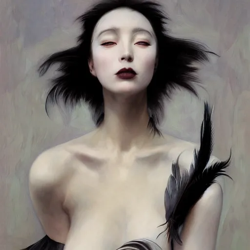 Image similar to yanjun cheng portrait of a beautiful dark fae woman, with black lips, gray mottled skin, black feathers instead of hair, feathers growing out of skin, modestly clothed, intricate, detailed, symmetric face, by wlop and karol bak and bouguereau and viktoria gavrilenko