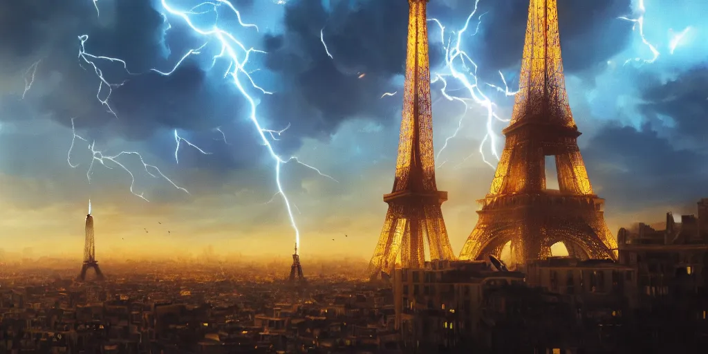 Prompt: lightning striking the Eiffel Tower, detailed oil painting, cinematic angle, hyperrealistic, breathtaking, volumetric lighting, cinematic lighting, dynamic, Studio Ghibli, digital art, octane render, epic composition, trending on artstation, masterpiece