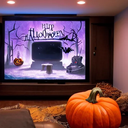 Prompt: Halloween TV show room with big screen on the wall by Disney Concept Artists, blunt borders, rule of thirds