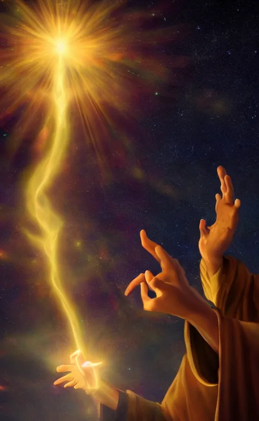 Prompt: Jesus casting a spell of cosmic love and appreciation, with small glowing hearts coming out of his fingers. Digital art trending on artstation. 4k. Tyndall effect.