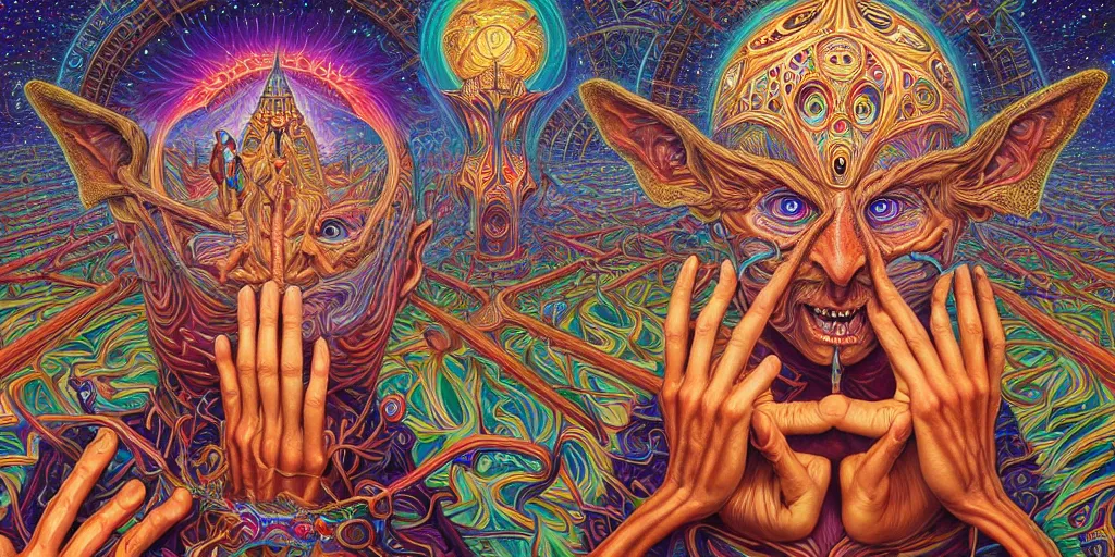 Image similar to hyper detailed portrait of a dmt time elf greeting a psychonaught, cathedral background, masterpiece composition, 8 k resolution, ultra fine illustration, alex grey, todd schorr, casey weldon, tokio aoyama, highly detailed,