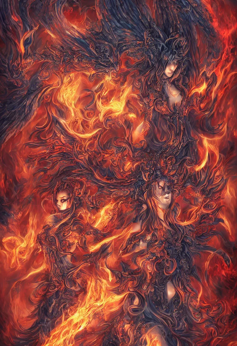 Image similar to stunning female demons surrounded in fire, korean, buddhist, naraka otherworldly rising from the blue fire, crystal amber eyes, wings, very detailed face, smile, monster teeth covered in red, dark and mysterious, full body, rococo, cinematic, epic, very detailed, full body, sun god, death god, hell