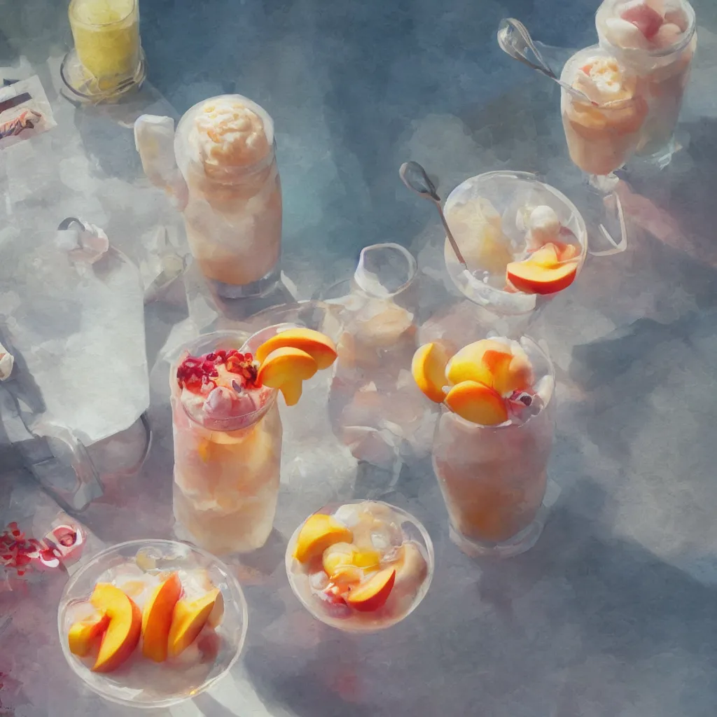 Prompt: a still life painting of cold drinks, ice cream, peach embellishment, in the style of makoto shinkai, dreamy, soft, global illumination, radiant light, intricate environment, luminescence, highly detailed, 8 k