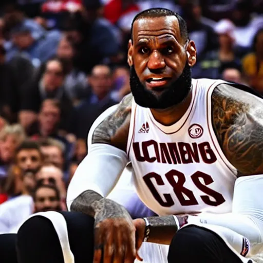 Image similar to professional close up shot photograph of lebron james sleeping on the court in an nba game, wearing nba jersey, standing, clear image, as seen on getty images, smooth, uncompressed,