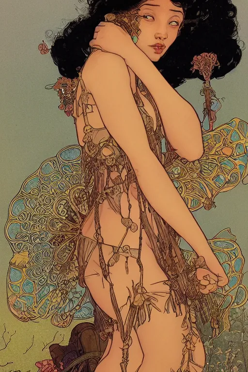 Image similar to a beautiful illustration of a black godess model girl with short hair, bikini, she's sad by mucha and moebius and geof darrow, sunset, street of hong kong, cinematic light, very detailed, depressing atmosphere, cover magazine