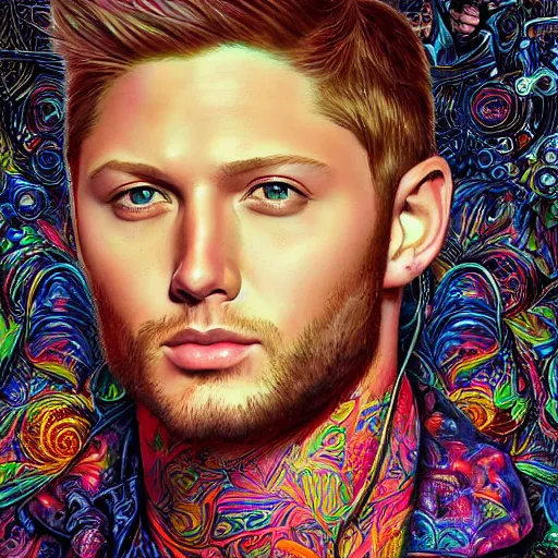 Image similar to portrait of jensen ackles, hyper detailed masterpiece, neon floral pattern, jean giraud, digital art painting, darkwave goth aesthetic, psychedelic, artgerm, donato giancola and tom bagshaw