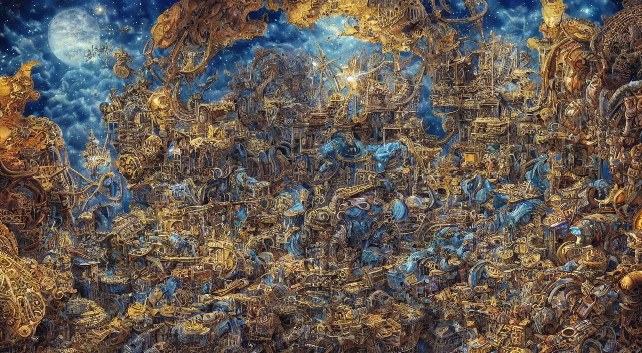 Prompt: vivid colours, guido borelli da caluso, Yoshitaka Amano, smooth paper with detailed line work, Mandelbulb, Exquisite detail perfect symmetrical, silver details, hyper detailed, bold intricate ink illustration, smooth textures, steampunk, smoke, neon lights, starry sky, steampunk city, liquid polished metal, by don bluth